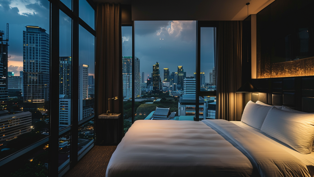 A hotel room in Bangkok with a view of the buildings outside