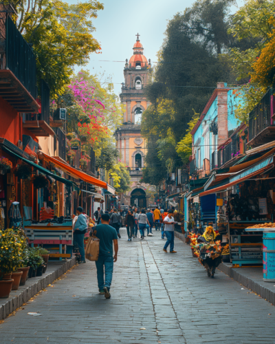 Vibrant street art and food stalls line a bustling street in Mexico City