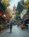 Vibrant street art and food stalls line a bustling street in Mexico City
