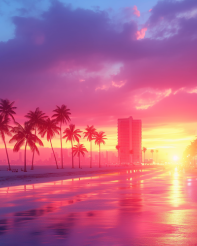 Sunset hues paint the sky over Miami Beach, framed by silhouettes of palm trees