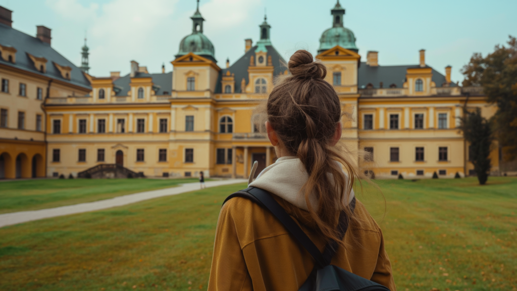 Woman gazing at Wilanow Palace in Warsaw