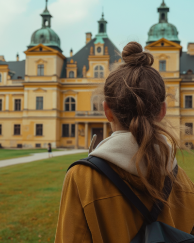 Woman gazing at Wilanow Palace in Warsaw