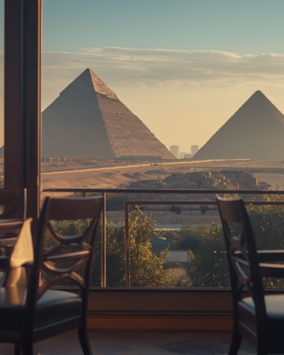 Pyramids of Giza visible from restaurant.