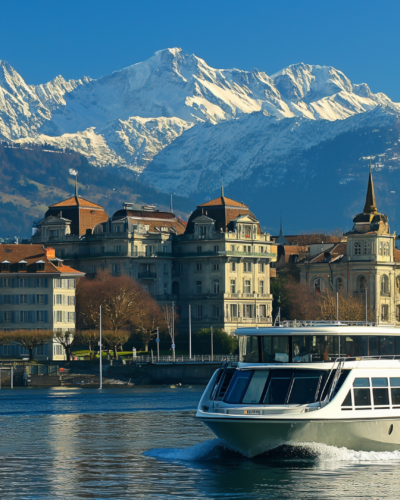 Boat cruising on Geneva Lake.