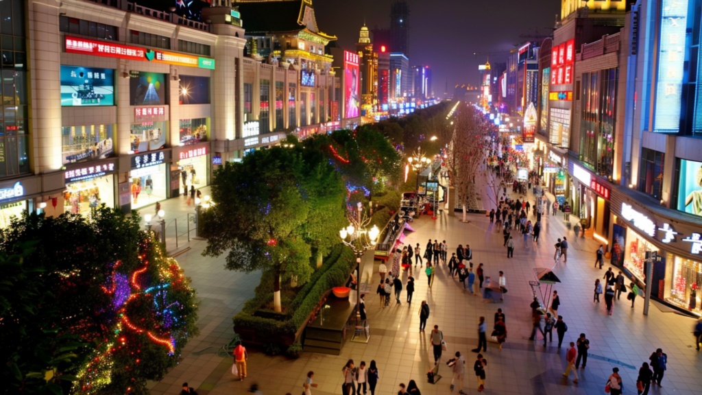 People walking along the Nanjing Road in Shanghai at night