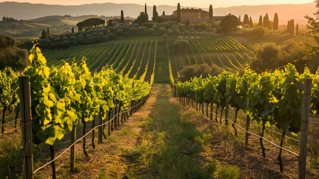 Sunset over a Tuscan vineyard near Florence, grapevines leading to a farmhouse, with warm light and long shadows.