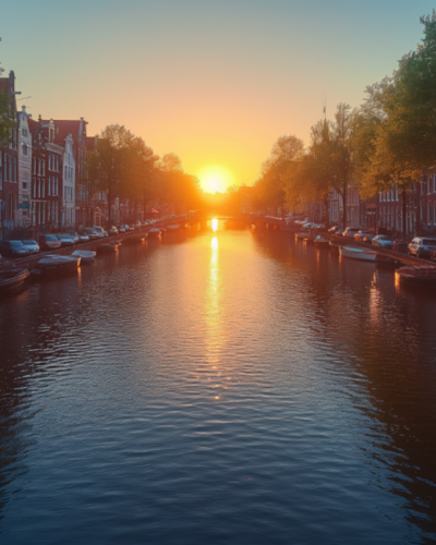 Early morning view of Amsterdam canals with traditional houses and bicycles.