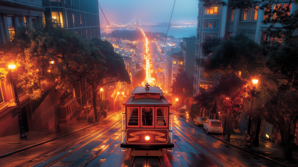 A San Francisco cable car ascending a steep hill with the bay visible in the distance