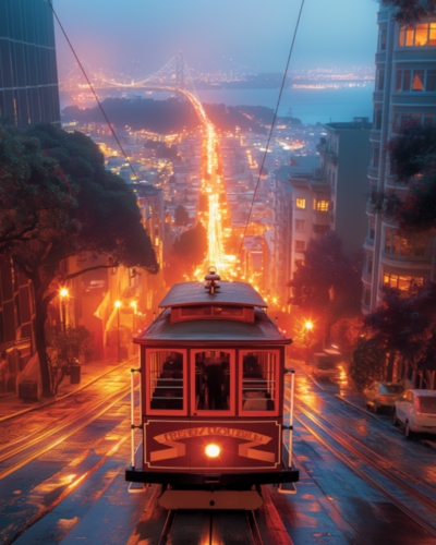 A San Francisco cable car ascending a steep hill with the bay visible in the distance