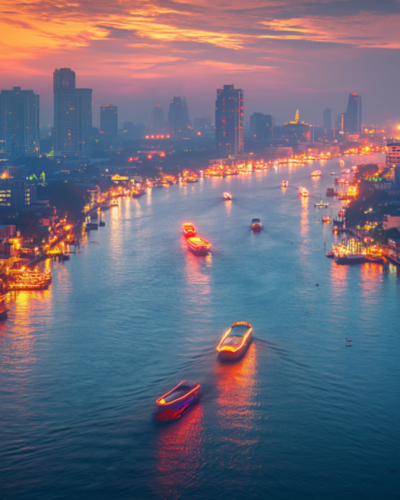 Illuminated boats on the Chao Phraya River in Bangkok at night.