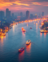 Illuminated boats on the Chao Phraya River in Bangkok at night.