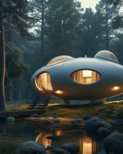 A panoramic view of a Futuro House nestled in a serene forest.