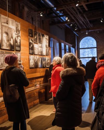 Visitors at the Anne Frank House museum exhibit, contemplating the historic photos that echo the past