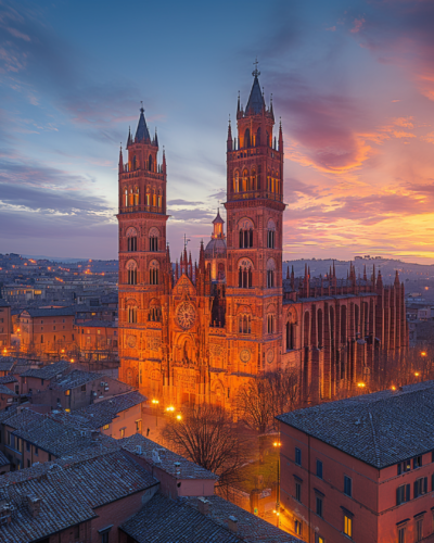 Night view of the Gothic Siena Cathedral lit up, highlighting its intricate architecture.