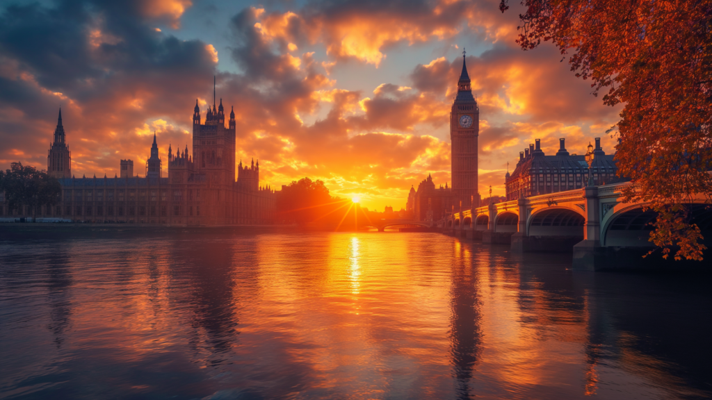 A view of the sunset in the River Thames overlooking the Big Ben in the background 