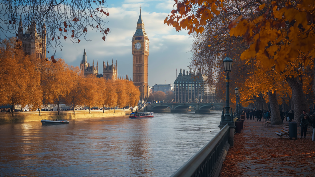 A view of the Big Ben during fall season by the River Thames