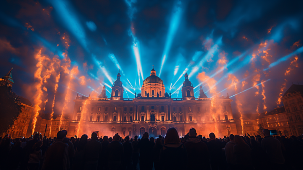Dramatic light show illuminating Prague Castle during the Prague Signal Festival, with an awestruck crowd.