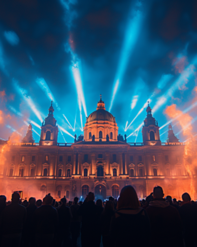 Dramatic light show illuminating Prague Castle during the Prague Signal Festival, with an awestruck crowd.