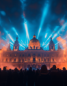 Dramatic light show illuminating Prague Castle during the Prague Signal Festival, with an awestruck crowd.