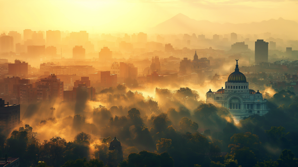 Dawn over Mexico City, blending modern skyline with ghostly Aztec temples.