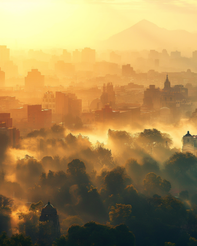 Dawn over Mexico City, blending modern skyline with ghostly Aztec temples.