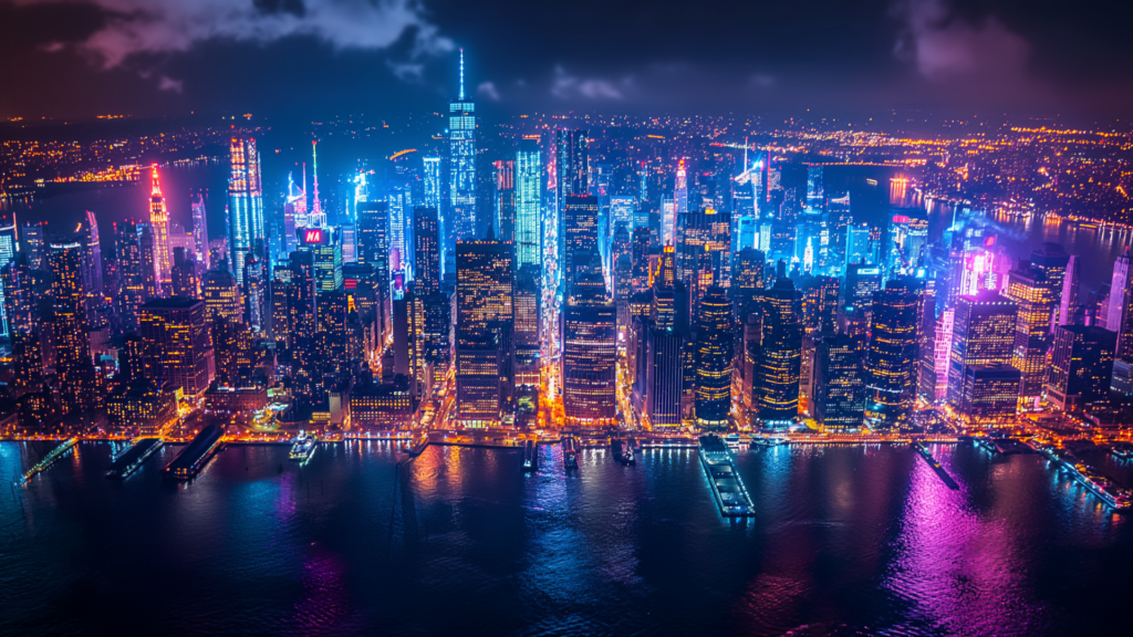 Nighttime panoramic view of the illuminated Times Square, showcasing New York City's modern vibrancy.