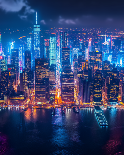 Nighttime panoramic view of the illuminated Times Square, showcasing New York City's modern vibrancy.