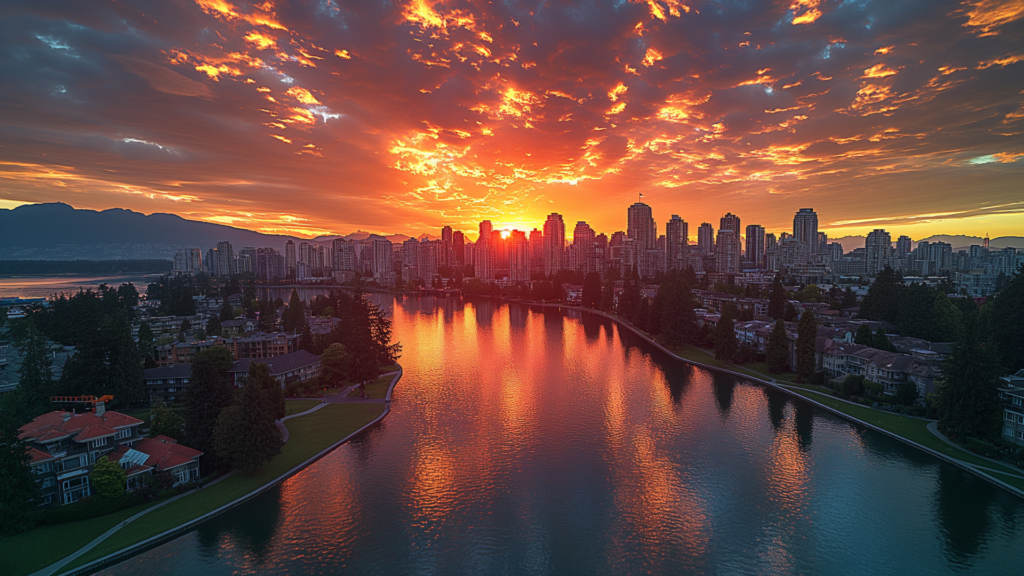 Sunset over Vancouver, showcasing the city skyline against the backdrop of majestic mountains.