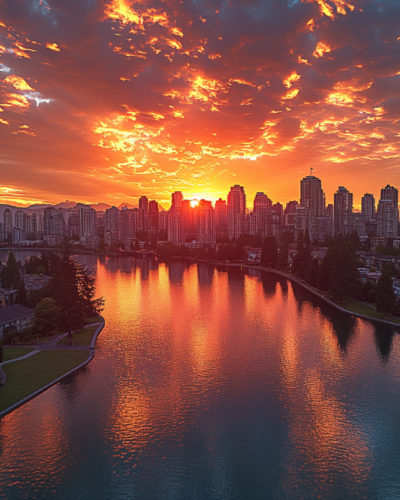 Sunset over Vancouver, showcasing the city skyline against the backdrop of majestic mountains.