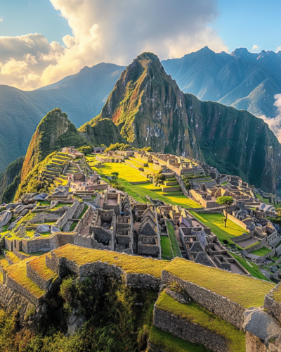 Sunrise over Machu Picchu, highlighting the ancient ruins with the majestic Andes mountains in the backdrop.