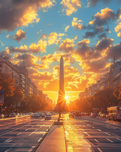 The iconic Obelisco de Buenos Aires standing tall on Avenida 9 de Julio, amidst the bustling city traffic