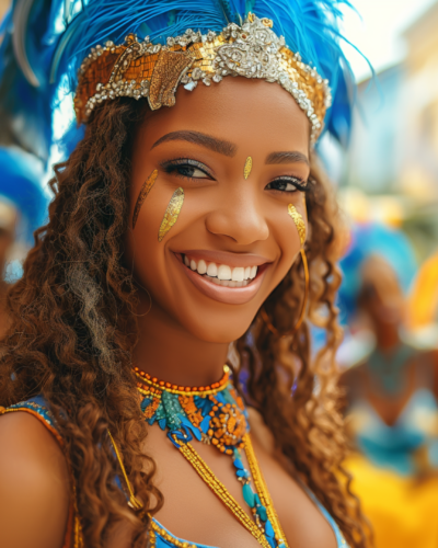 Samba dancers adorned in elaborate feathered costumes dance through Rio's streets, embodying the spirit of Carnival.