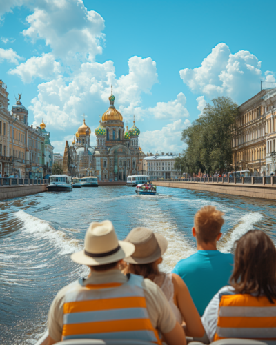 Visitors enjoy a boat tour through St. Petersburg's canals, with historic buildings lining the waterways.