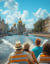 Visitors enjoy a boat tour through St. Petersburg's canals, with historic buildings lining the waterways.