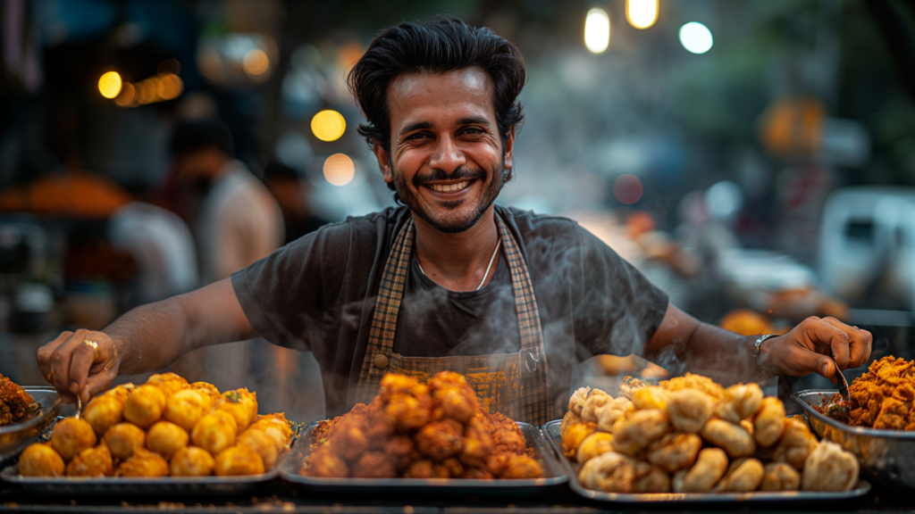 Street food vendor in Mumbai serving vada pav.