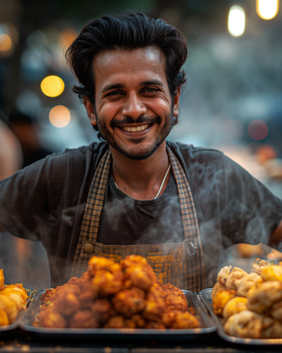 Street food vendor in Mumbai serving vada pav.