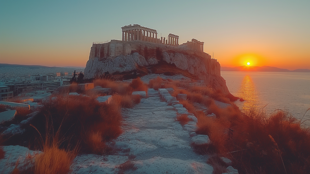 Sunset view of the Acropolis ruins with modern Athens in the background.