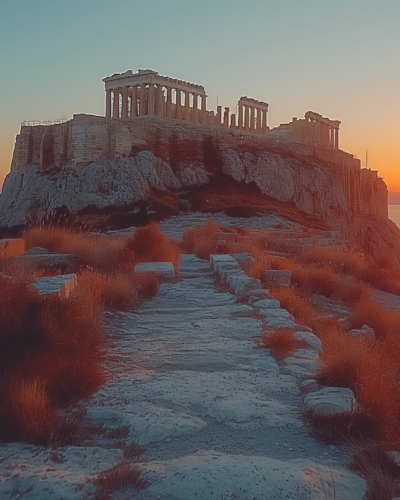 Sunset view of the Acropolis ruins with modern Athens in the background.