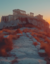 Sunset view of the Acropolis ruins with modern Athens in the background.
