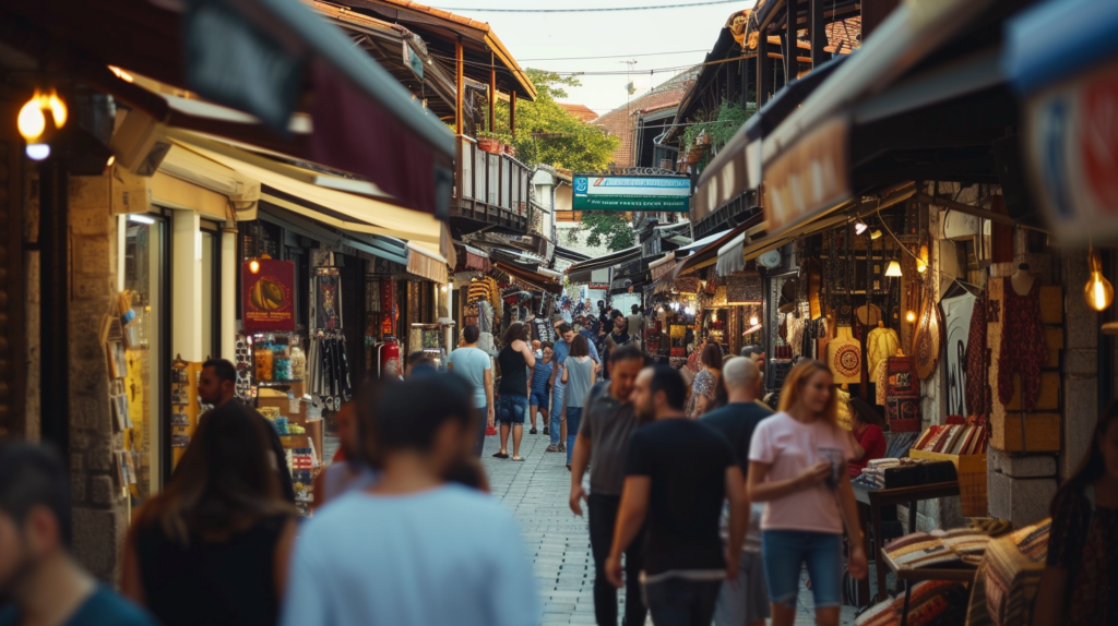 Visitors and locals mingle in the lively alleys of Skopje's Old Bazaar, a hub of culture, commerce, and traditional Macedonian hospitality.