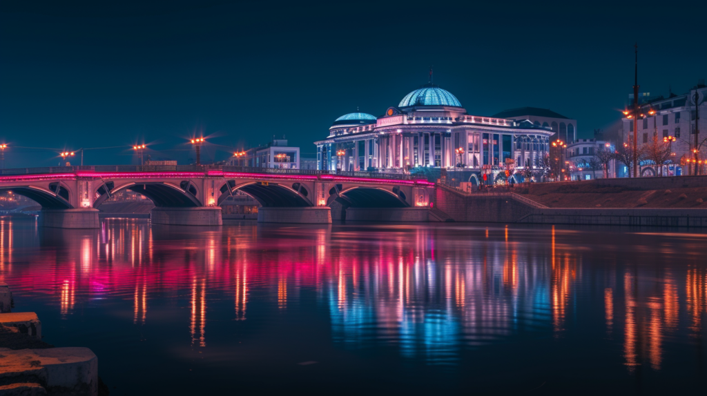 Skopje’s skyline at night offers a stunning display of its evolving architecture, from historical edifices to modern structures, reflected in the Vardar River.