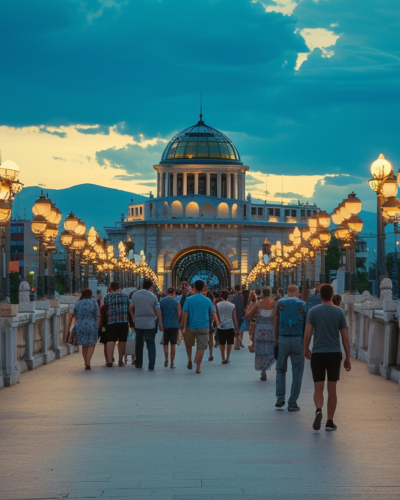 Twilight descends on Skopje's ancient Stone Bridge, casting a golden glow that bridges time, as locals traverse this historic passageway against a backdrop of the city's evolving skyline.