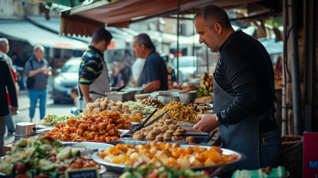 The heart of Skopje's Old Bazaar pulses with life as vendors and visitors engage in the timeless dance of trade, surrounded by a feast of Macedonian culinary heritage, from savory pastries to sweet delights.