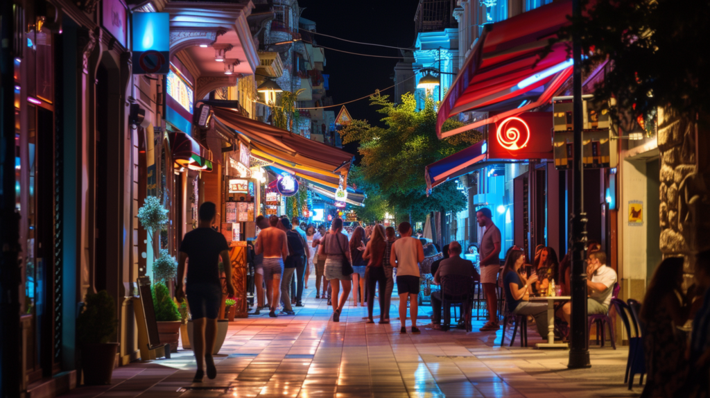 Skopje's city center comes alive at night, buzzing with energy as locals and visitors alike are drawn to the vibrant allure of its bars and clubs, a testament to the city's thriving and welcoming nightlife scene.
