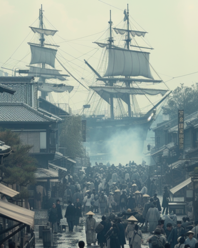 A bustling port in Yokohama during the late 1800s, symbolizing the opening of Japan to Western influences, with a traditional Japanese town in the foreground and a Western ship approaching.