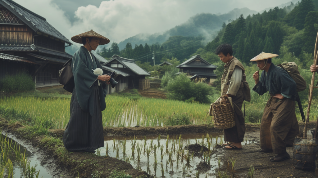 Suzuki Shin’ichi photographing a group of traditional Japanese farmers, highlighting the intimate interaction between the photographer and rural life in late 1800s Japan.