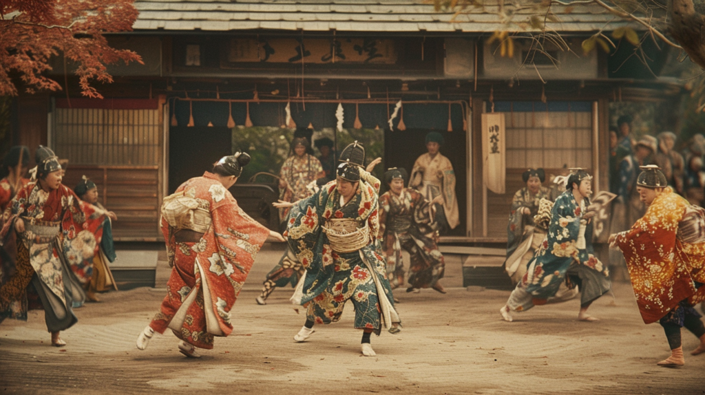 A traditional festival in rural Japan, late 1800s, with participants in colorful costumes performing a ritual dance, celebrating enduring cultural traditions.