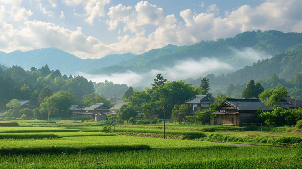 A serene rural landscape in late 1800s Japan, showing a traditional village amidst early signs of modernization, like telegraph poles, illustrating the country's gentle transition into the modern era.