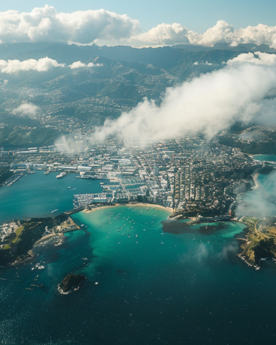Aerial glimpse of Wellington: Where cityscape meets the gale's embrace.