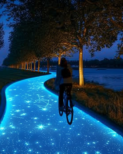Biking under the stars on a luminous, solar-powered night path.